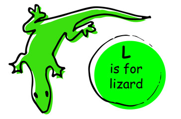 Lizard or gecko, tree dragon. Hand drawn cartoon sketch style vector illustration. Black green isolated on white background. Concept for kids children learning material, alphabet, wrapping print