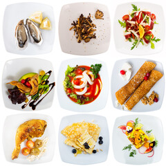 Collection of various dishes with vegetables and condiment served on square plates on white background