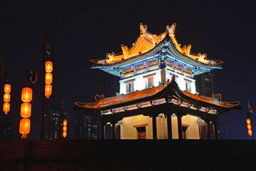 Fototapeta premium traditional chinese building with lantern at night in city XiAn