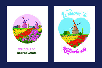 Welcome to Netherlands greeting souvenir cards, print or poster design template. Travel to Amsterdam vector flat illustration. Circle, heart shapes and frame background set.