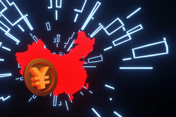 3d rendering , Coin Digital yuan on red china map and technology background. 3d illustration.