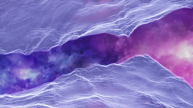 Sci fi virtual reality landscape cyberpunk style 3d render, Fantasy universe and space cloud background