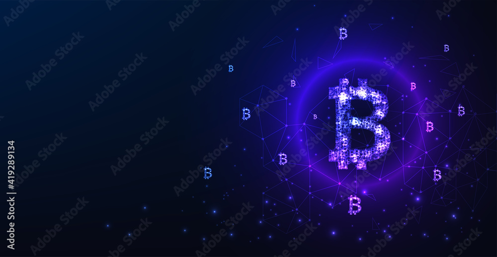 Poster bitcoin digital currency concept. vector bitcoin currency logo on dark blue background. financial te