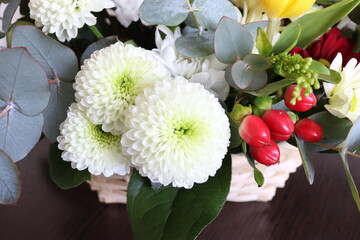 Spring bouquet of roses, tulips and chrysanthemums
