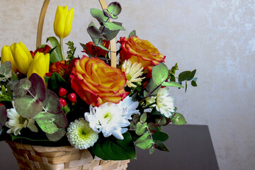 Spring bouquet of roses, tulips and chrysanthemums