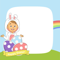Easter background with Boy in bunny costume and easter eggs