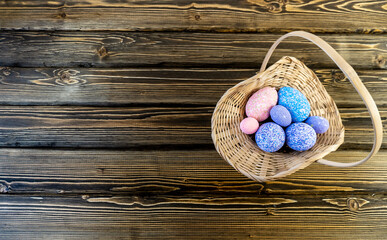 Happy easter! Flat Lay, Internet banner with Copy Space on Easter