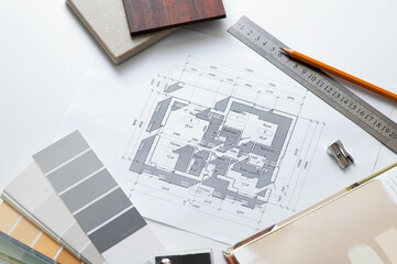Fototapeta premium architectural plan of the house, selection of materials for design, color palette, material samples