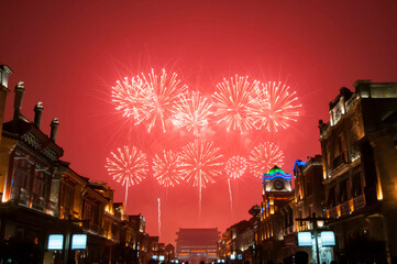 fireworks in qianmen street beijing city