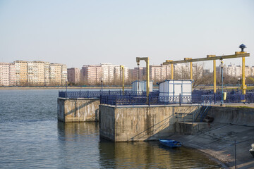 Lake Morii with blocks in the background, Bucharest, Romania.