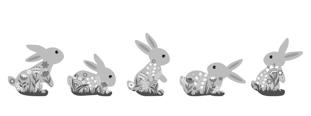 A set of cute bunnies decorated with flowers. Monochrome image. Vector illustration of a happy Easter icon.