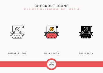Checkout icons set vector illustration with solid icon line style. Online store retail concept. Editable stroke icon on isolated background for web design, user interface, and mobile app