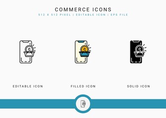 Commerce icons set vector illustration with solid icon line style. Online store retail concept. Editable stroke icon on isolated background for web design, user interface, and mobile app