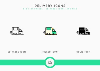 Delivery icons set vector illustration with solid icon line style. Online store retail concept. Editable stroke icon on isolated background for web design, user interface, and mobile app