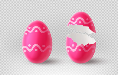 Pink cracked egg isolated on checkered background. Realistic egg shells. Vector illustration with 3d decorative object for Easter design.