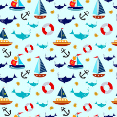 Pattern with sea with ships and fish. Vector illustration on a light blue background. For use in a variety of designs - scrapbooking, wrapping paper, fabric, leaflet and flyer design, prints and
