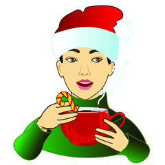man dressed in green sweater and Santa hat holding red cup with hot drink, coffee or mulled wine in his hands, color vector clip art on white isolated background
