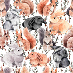 Watercolor pattern with cute Easter bunnies and squirrelsl. Happy Easter. - 419292977