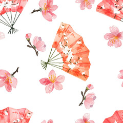 Seamless pattern with Japanese theme in watercolor style. Watercolor sakura. Japanese elements. - 419293162