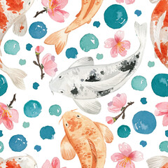 Seamless pattern with Japanese theme in watercolor style. Watercolor carps. Japanese elements. - 419293165