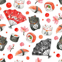 Seamless pattern with Japanese theme in watercolor style. Watercolor sushi. Japanese elements, lucky charms. - 419293197