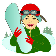 a man snowboarder in a protective helmet with goggles and a sweater with a zipper lock holds a snowboard in his hands, color vector clip art on a white isolated background with fir trees