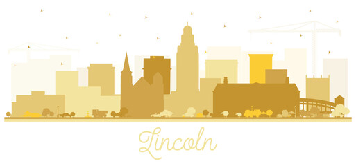 Lincoln Nebraska City Skyline Silhouette with Golden Buildings Isolated on White.