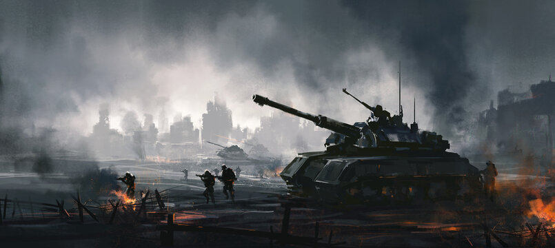 Cruel war scenes, digital painting.