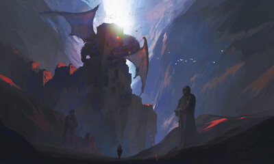 The knights in the canyon challenge the dragon, digital painting.