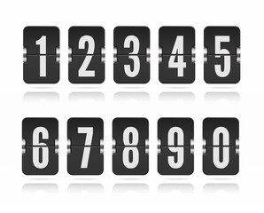 Vector template with floating flip scoreboard numbers and reflections for black countdown timer or calendar isolated on white.