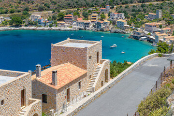 Panoramic view of  Limeni village. The picturesque  villlage with the turquoise waters and the stone buildings under Areopoli, peloponnese , Greece.