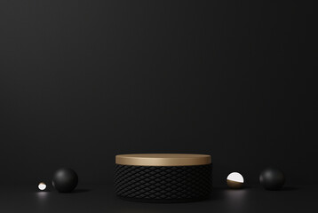 Dark black gold 3d rendering with geometric shapes, podium on the floor. Platforms for pedestal product presentation, Abstract composition design, showcase, cosmetics, copy space