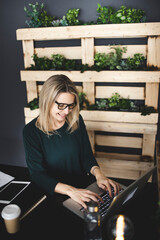 Fototapeta na wymiar pretty blond young woman is sitting in an ecological office with lots of plants and is working on her laptop and is wearing a green sweater, concept sustainability and environment today