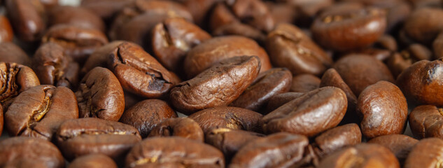 Freshly roasted coffee beans in a macro photo. Side view