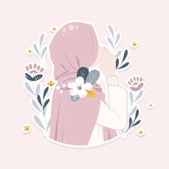 Beautiful Muslim women wearing hijab illustration. cute little girl with floral wreath character
