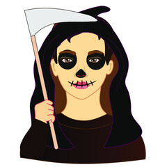 emoticon or emoji of angel of death in hood with a scythe, smiling grim reaper, with dark eyes and stitched laughing mouth, hand drawn cartoon character