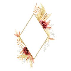 Watercolor boho frame pampas grass and burgundy flower. Dusty Wild floral, branches, leaves, foliage. Fall Autumn for wedding card, bridal card.