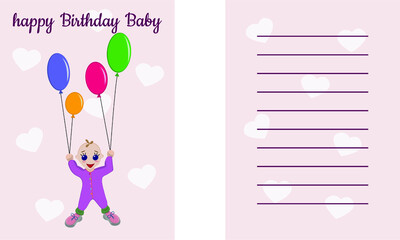 postcard happy Birthday Baby with balloons on a pink background