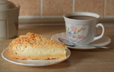 Delicious tender crumbly piece of cottage cheese pie