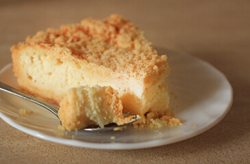 Delicious tender crumbly piece of cottage cheese pie