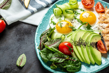 Ketogenic Low Carbohydrate Breakfast fried eggs with cherry tomatoes , avocado, chicken grilled fillet, cucumbers, and avocado. top view