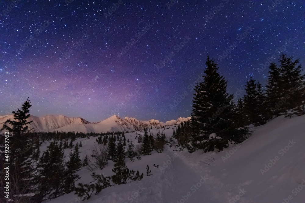 Wall mural night winter landscapes in the high tatras, with mountain houses on a background of snow-capped moun