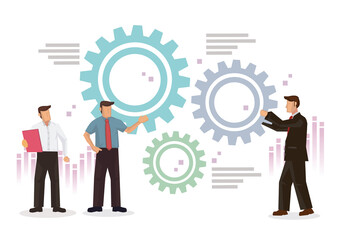 Business people working with data and gears.