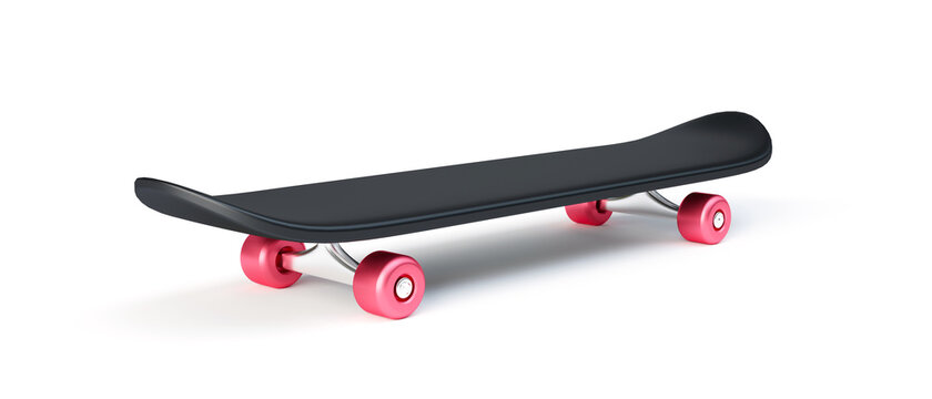 Black skateboard and pink wheel or skating surf board isolated on white background with extreme sports. 3D rendering.