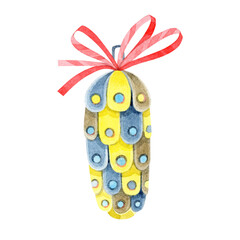 Yellow and blue toy fir cone. Christmas toy made of colored glass. A hand-drawn watercolor illustration isolated on a white background. For design of winter holidays (New year, Merry Christmas).