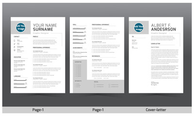 Elegant CV / resume template minimalist gray and white vector Cv templates. Professional resume letterhead, cover letter business layout job applications, personal description profile vector set