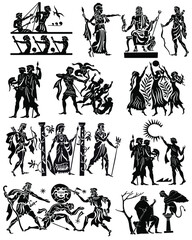 Large collection of Greek songs on a white background. Black silhouettes of the Greek heroes. Tattoos on a thematic topic.