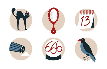 Set of bad luck symbols. Black cat, Friday 13th, number 666 in crystal ball, shattered mirror, spilled salt. Unfortunate numbers and misfortune signs. Superstitions concept vector illustrations set - obrazy, fototapety, plakaty
