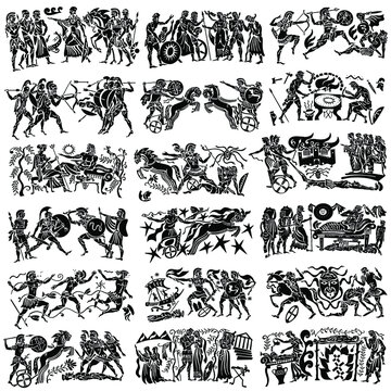 Large collection of Greek songs on a white background. Black silhouettes of the Greek heroes. Tattoos on a thematic topic.