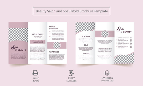 Spa Women Salon Trifold Brochure Layout. Beauty Salon Trifold Brochure Template Design. Tri-fold, Brochure, Flyer.